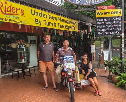 Ian Bob Dibble and Tum at Rider's Corner as Bob set off to continue his Round-the-World Trip